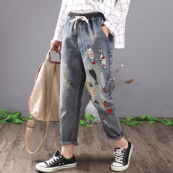 

women vintage fish embroidered jeans ripped cotton denim harem pants casual ladies lace up elastic waist trousers blue