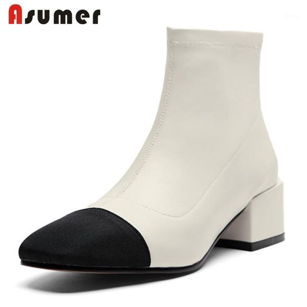 

boots asumer 2021 arrive square heel casual shoes women ankle mixed colors comfortable autumn winter elastic woman1, Black