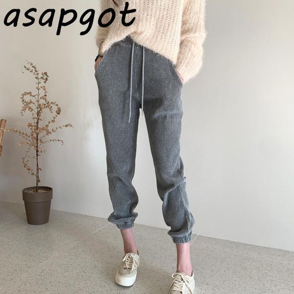 

korea chic wild basic slim high waist grey skinny corduroy straight harem pants women comfort drawstring joggers casual trousers, Black;white