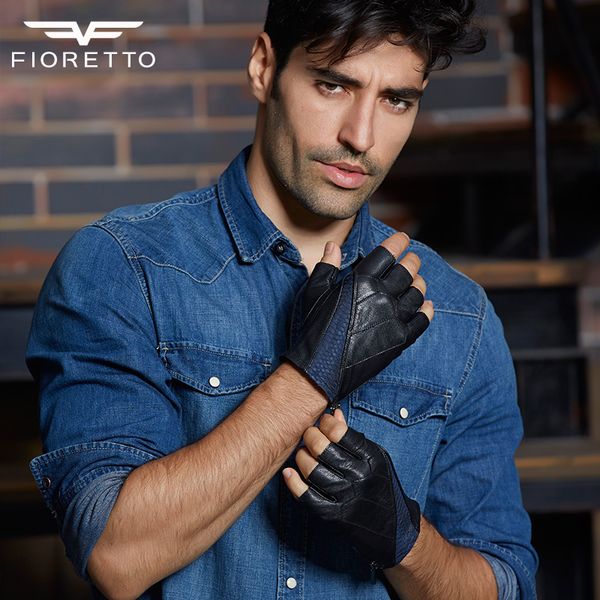 

wholesale- fioretto men fashion enuine leather fingerless gloves male half finger driving moto gloves patchwork serpentine glove, Blue;gray
