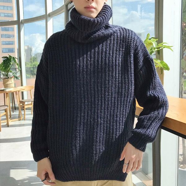 

high lead loose knitting sweater man roughage men's wear turtleneck solid color casual sweaters pullover turtleneck long shirt, White;black