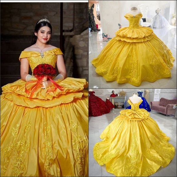 Chic amarelo vestido de bola quinceanera vestidos cupcake tafetá babados camadas fora dos vestidos de bola de ombro vestido formal noite mulheres doces 16