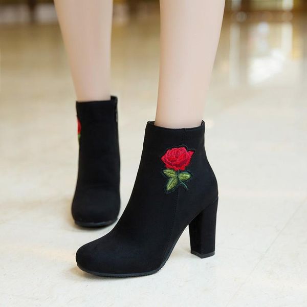 

boots big size ma'am short pure color blue patchwork boot barrel high heel, Black