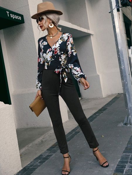 

floral print knot side pocket detail jumpsuit 485x#, White