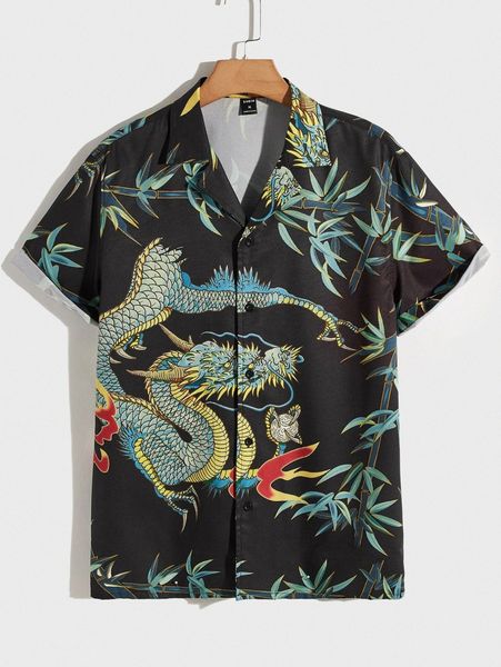

men chinese dragon and botanical print lapel collar shirt m2ji#, White;black