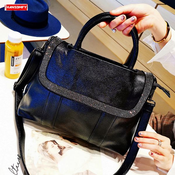 

new genuine leather encrusted women handbags diamonds black cowhide leather shoulder bag femlae fashion messenger crossbody bags