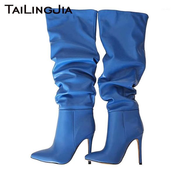 

boots 2021 winter shoes for women folding knee high stiletto heel blue pu leather slip on red large size long boots1, Black