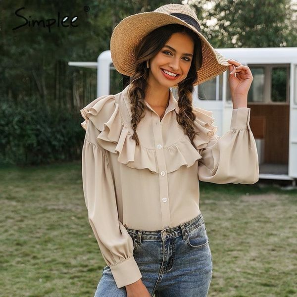 

simplee vintage ruffled women blouse shirt elegant lantern sleeve buttons female shirts autumn winter office ladies blouses y200403, White