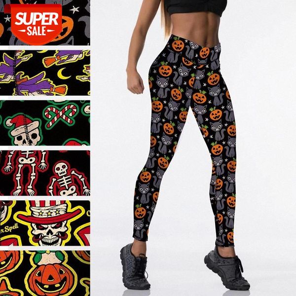 

qickitout 12% spandex halloween miko pumpkin skull high waist digital printed legging women fitness leggings #4141, Black;white