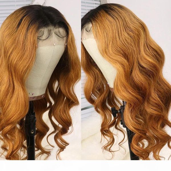 

body wave brazilian remy human hair wigs glueless lace wigs ombre #27 blonde color pre plucked bleached knots lace frontal wig, Black;brown