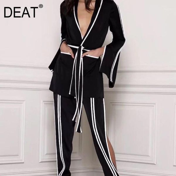 

deat summer spring 2019 fashion v-collar long sleeve striped patchwork adjsutable waist split pants two piece set women ag23401l1, White