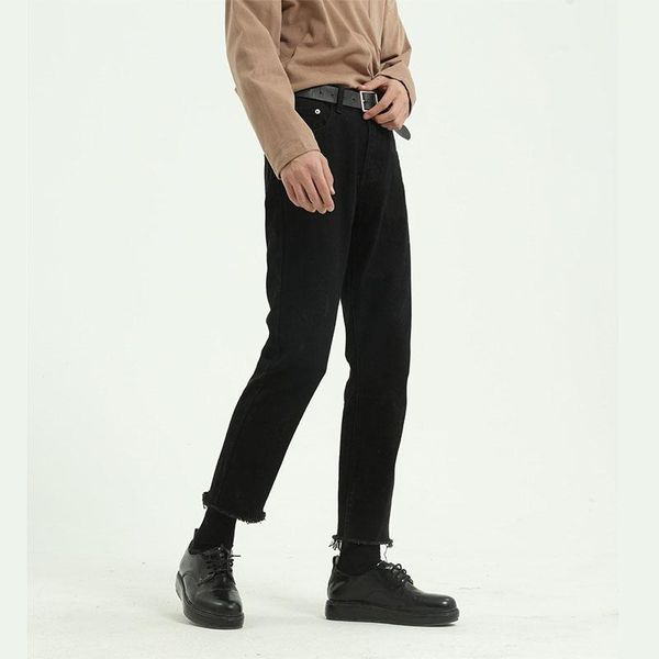 

men black casual broken hem jeans pant male japan korea style streetwear hip hop vintage denim trousers pant couple clothes1, Blue