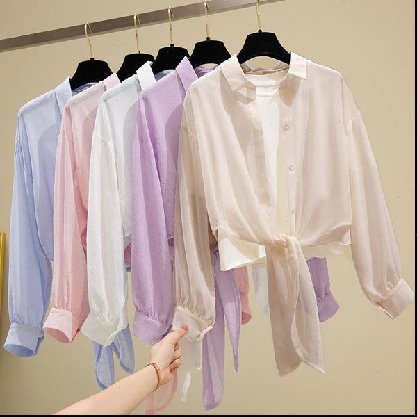 

summer womens and blouses long sleeve 2021 chiffon shirt turn down collar solid sunscreen cardigan office blouse, White