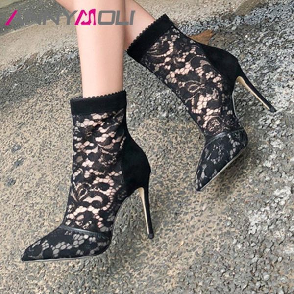 

boots annymoli summer ankle women cow suede zipper stiletto high heels short mesh cutout pointed toe shoes lady fall1, Black
