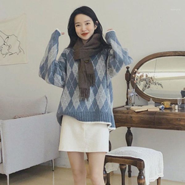 

2021 europe style argyle sweater for women long sleeve drop shoulder crew neck cozy jumper winter thick warm knit ok4481, White;black