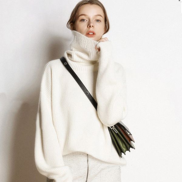 

knitted women's high-neck cashmere sweater turtleneck high-necked autumn and winter basic lady sweater loose black lj201126, White;black