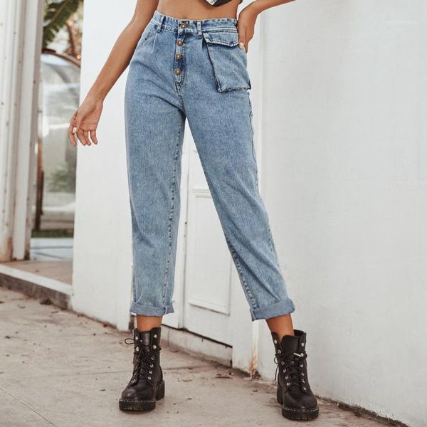 

european and american retro fashion casual straight drape washed high waist denim trousers jeans woman1, Blue