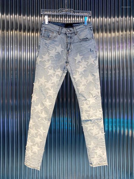 Erkek Kot Tayt Sosyal Yüksek Kaliteli Streetwear Tasarımcı Patchwork Marka Jean Erkekler Hip Hop Deri Yıldız Dikiş Yırtık Denim Pantolon