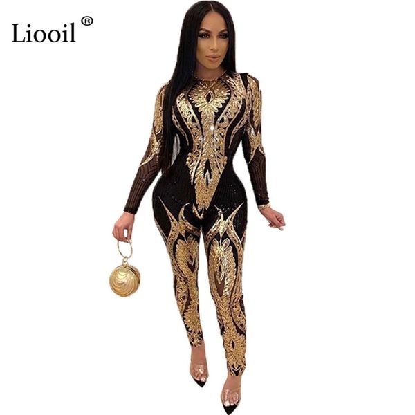 

liooil plus size gold silver sequin bodycon mesh jumpsuit women see through party club rompers tight jumpsuits long pants t200113, Black;white