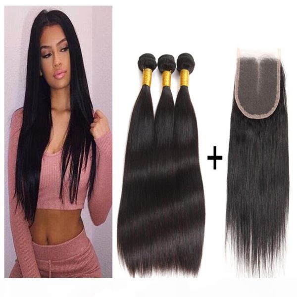 

elibess brazilian virgin hair bundles with closure 3 bundles brazilian straight with closure human hair extension brazilian hair weave, Black