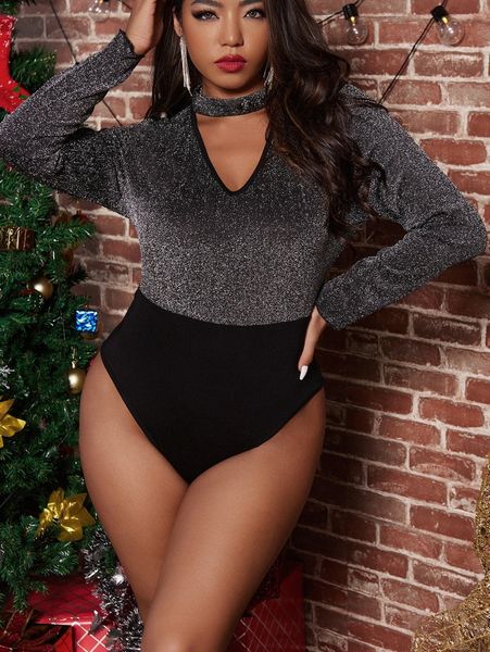 

plus choker neck glitter bodysuit p2o6#, Black