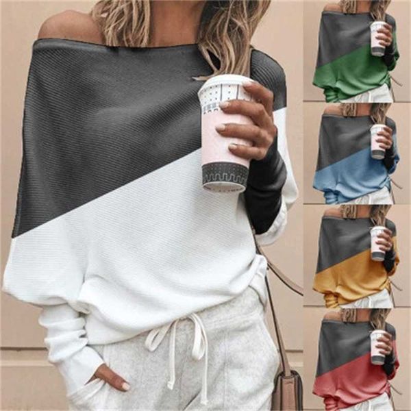 

women's loose split joint long sleeve t shirt woman slim hit color stitching shirts, White
