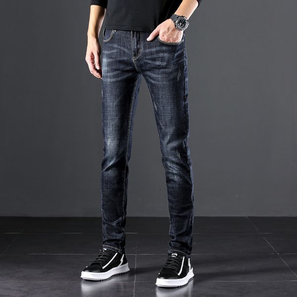 

korean fashion autumn jeans men's print versatile slim fit black casual pants trend, Blue