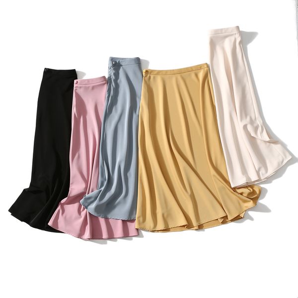 

2021 new summer of high waist the pink line fashion pure elegant colour satin midi length falutin female jupe skirt enln, Black
