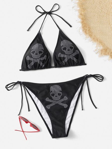

plus skull pattern triangle bikini swimsuit j1ac#, Black