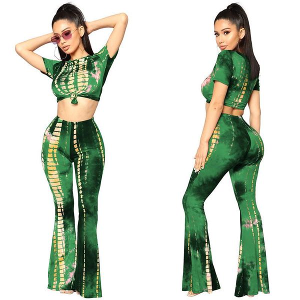 

2020 women tracksuit fashion tie dye two piece set o-neck short sleeve crop and flare pants casual track suit sportwear, Gray