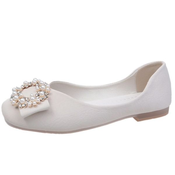 

2021 the new fashion pearl buckle flat women's soft bottom shoes ballet comfortable women slip on square toe moccasins hy7t, Black
