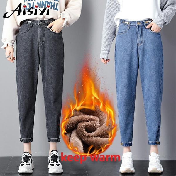 

women's jeans vintage boyfriend for women high waisted casual velvet ladies trousers winter warm mom plus size black female, Blue