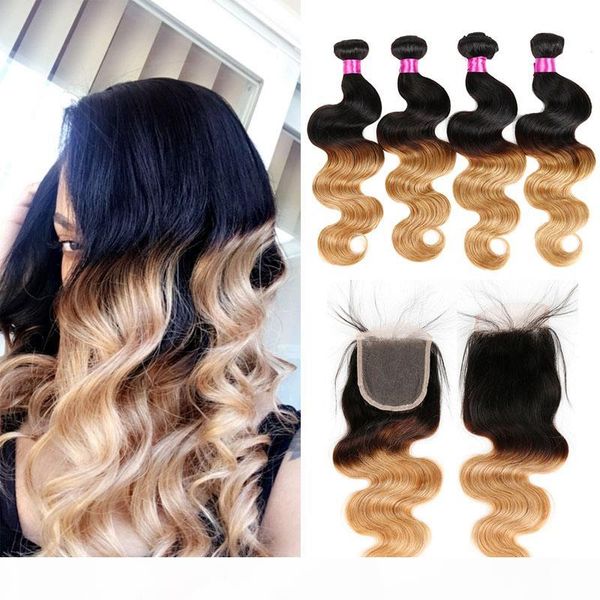 

9a brazilian virgin hair with closure blonde body wave hair weaves ombre human hair bundles with closure 3 or 4 bundles with closure, Black