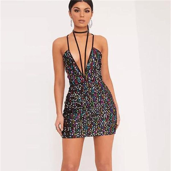 

2020 new design summer women sequined dress brilliant spaghetti strap halter dress deep v-neck mini bodycon club party vestidos, Black;gray