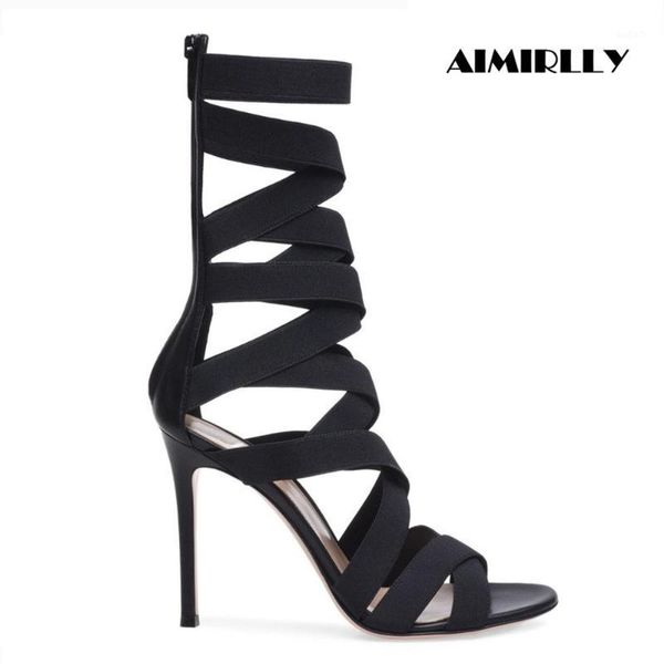 

sandals summer spring women's shoes mid calf stretch straps strappy elastics band wraps ladies high heels stilettos black1, Black