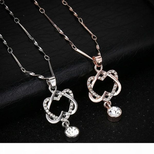 

rhinestone double heart necklaces women rose gold silver alloy heart pendant with 18inches chain fashion jewelry