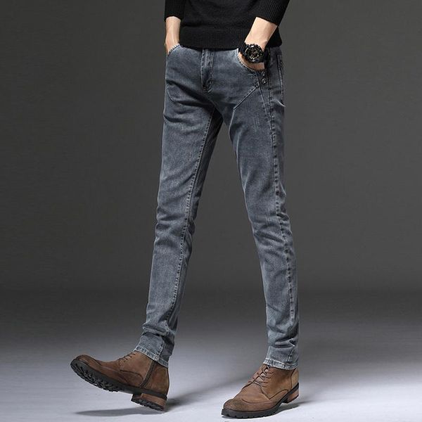 

korean style fashion men jeans retro gray slim fit elastic casual denim trousers newly designer winter velvet warm pencil pants, Blue