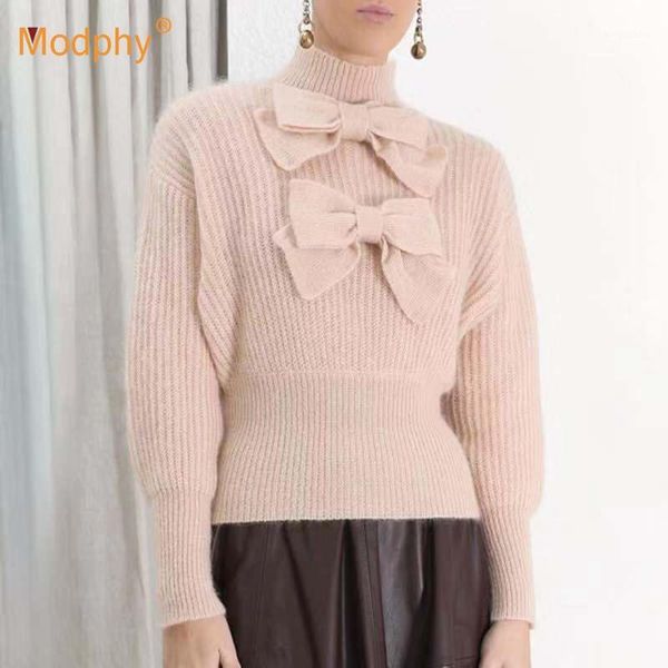 

bow knit sweater white lady high collar lantern sleeve pullover women sweater 2019 autumn winter fashion new1, White;black