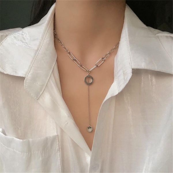 

pendant necklaces xialuoke punk fashion round metal necklace for women bohemia short clavicle chain jewelry accessories n666, Silver