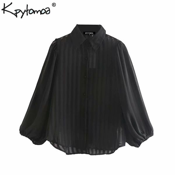 

vintage stylish striped organza women blouses fashion lapel collar lantern sleeve see through shirts blusas mujer y200402, White