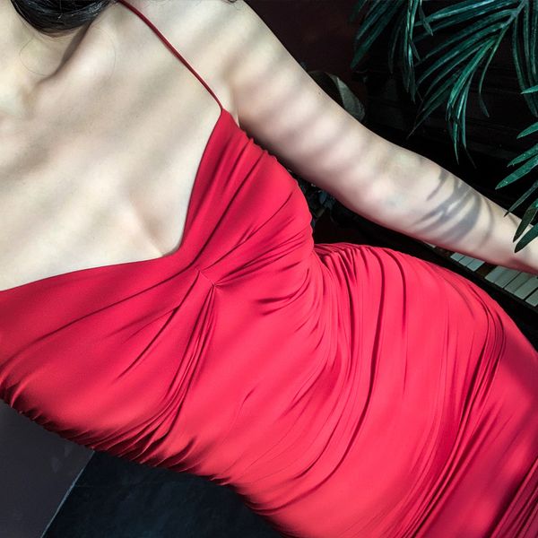 

2021 new red-style elastic folding spaghetti mini-dress waistband qtt7, Black;gray