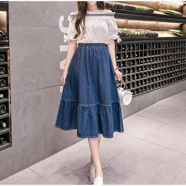

womens jeans ruffled high waist midi skirt denim blue a line patchwork ladies solid skirts 2021 summer fashion loose clothes, Black