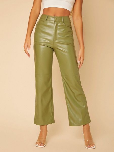 

petite solid high waist straight leg pu leather pants s9kg#, Black;white