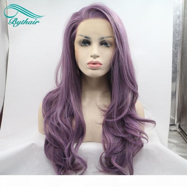 

bythairshop long body wave purple color synthetic lace front wig half hand tied bouncy heat resistant fiber hair cosplay wig, Black