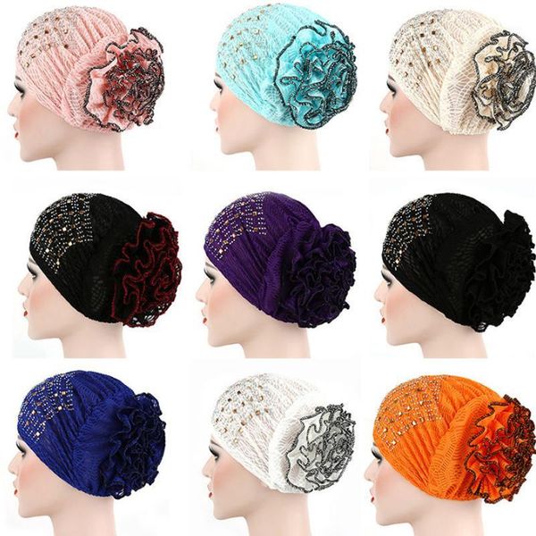

women flower muslim hair loss cap turban hat cancer elastic fashion chemo drilling cotton head wrap solid color hat1, Red