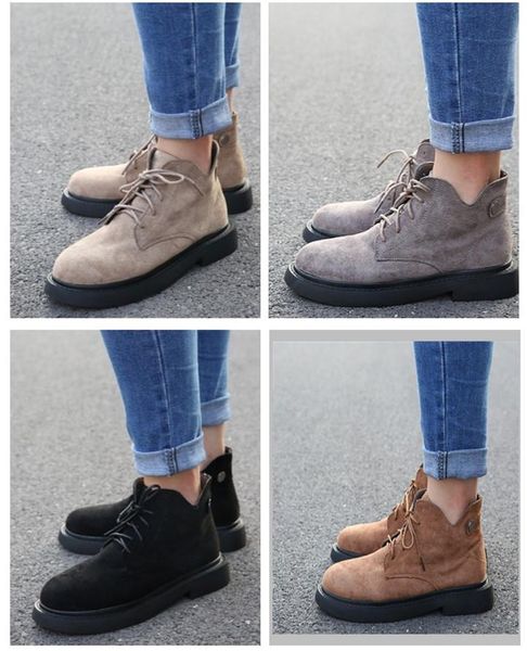 

literary retro suede round head lace-up boots handmade motorcycle college wind flat ankle casual short, Black