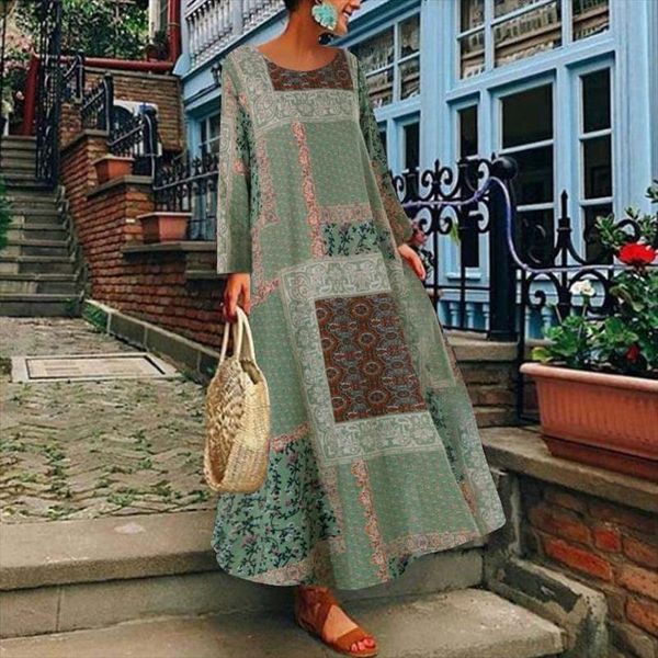 

women autumn vintage floral printed long dress cotton linen sundress robe femme long sleeve loose maxi vestido plus size, Black;gray