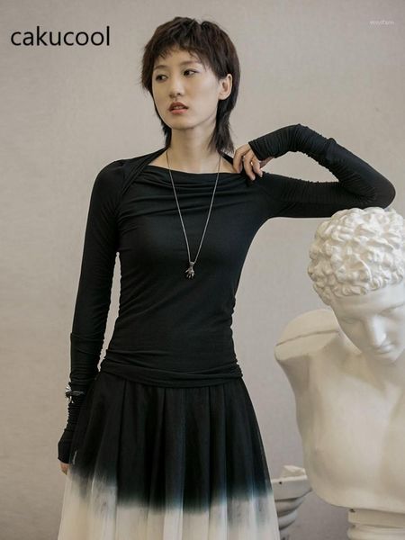 

cakucool 2020 autumn dark wind thin gloves sleeves feminine fashion black slim bottoming t-shirt female1, White