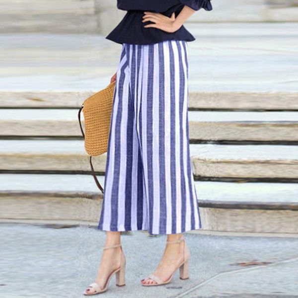 

zanzea 2021 elegant striped pants printed turnip casual elastic waist long pantalon palazzo plus size women's wide leg trousers, Black;white