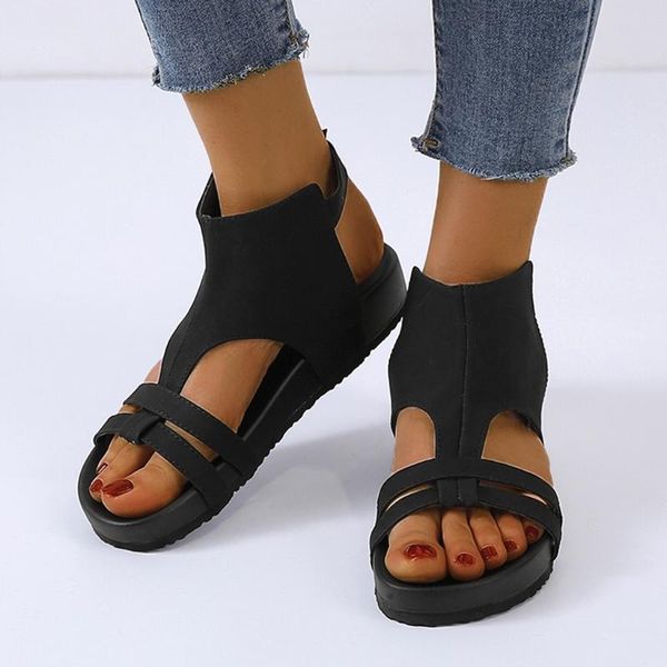 

sandals summer women flat 2021 ladies casual open toe breathable buckle strap beach shoes sandalia feminina #3, Black
